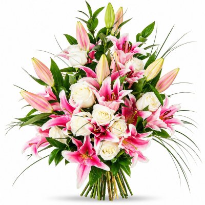 Rosa Lilien und weiße Rosen